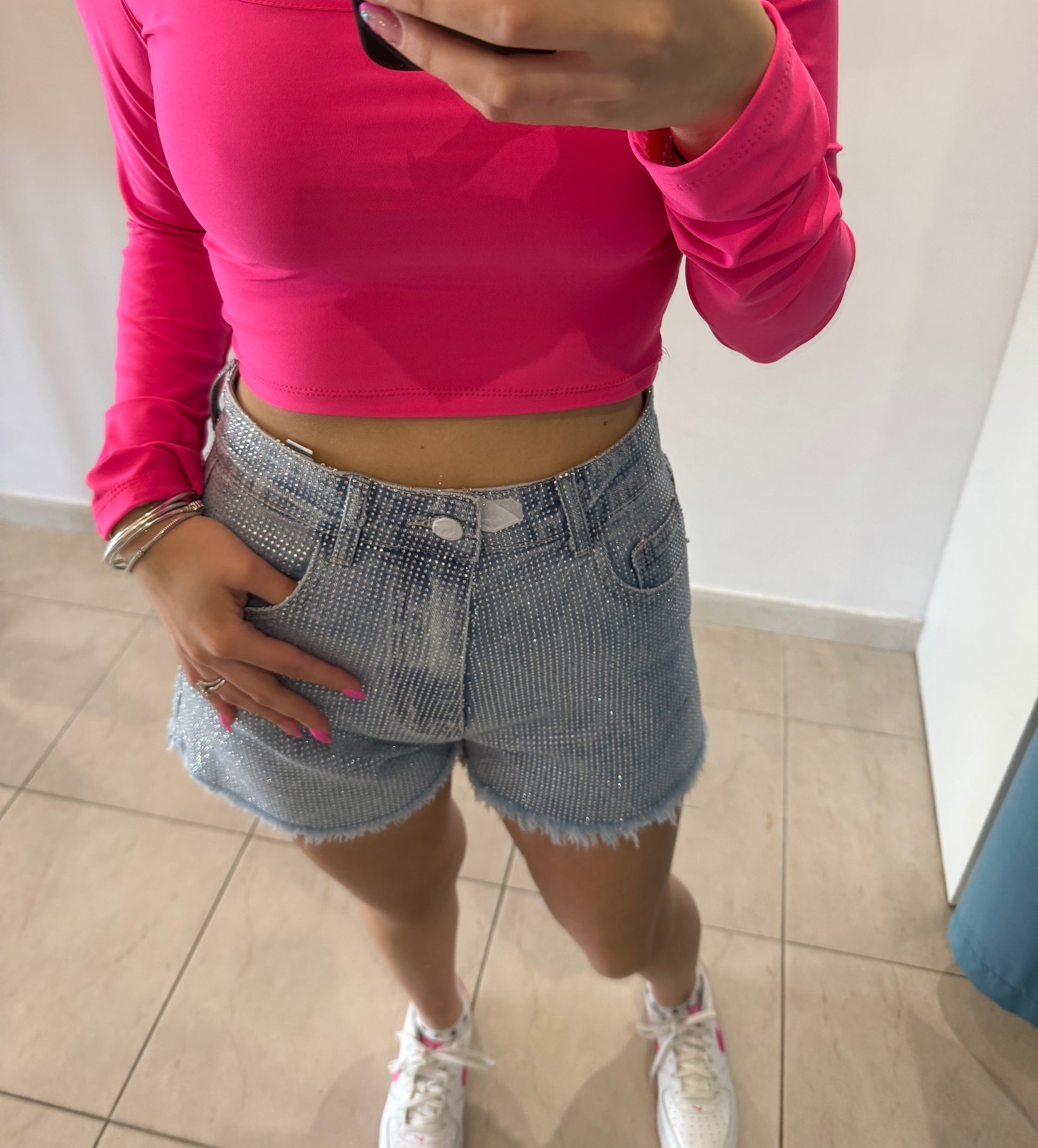 Short in denim con effetto shimmer